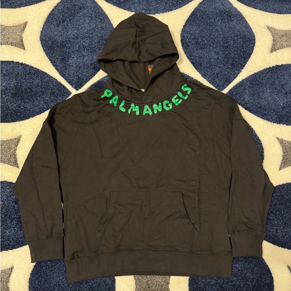 Palm Angels Green Neck Spellout Logo Black Hoodie Men’s Large